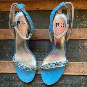 New Anthropologie Paige Gabriella Beaded Vamp Block Heel Sandal Blue Suede Beade